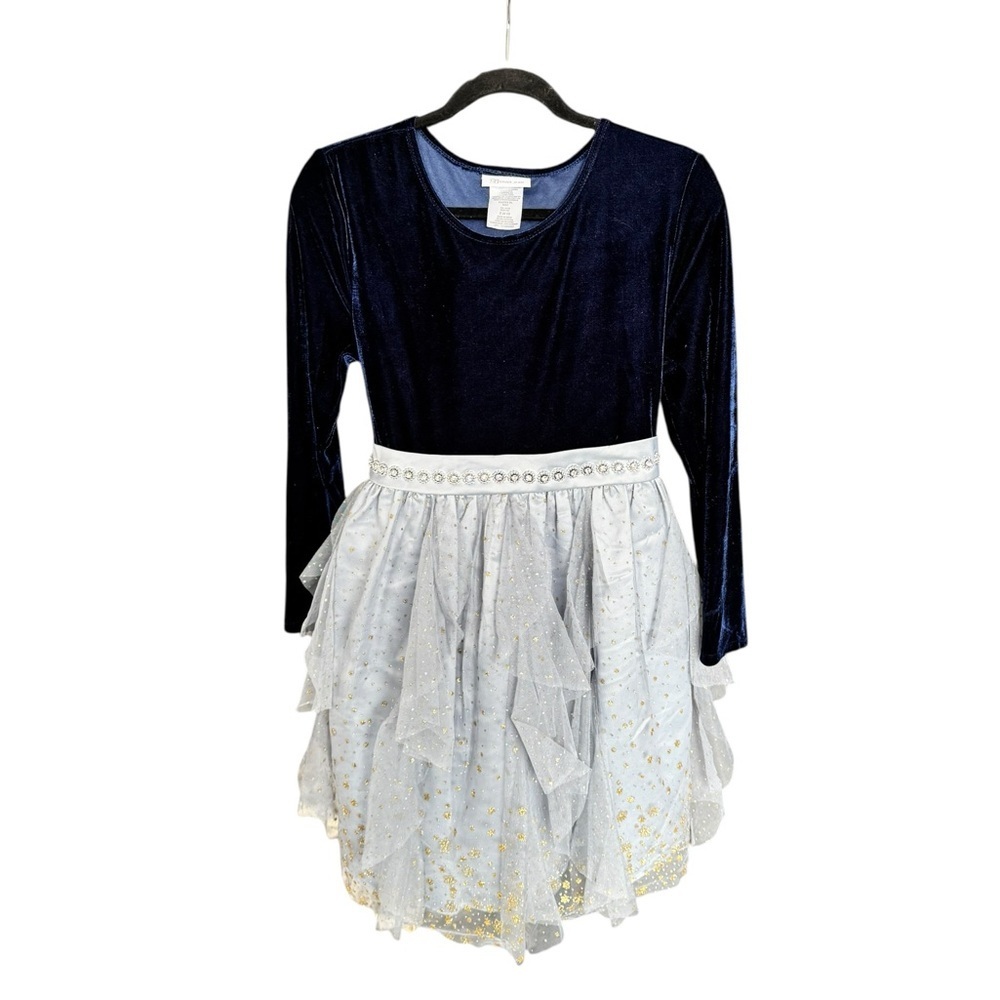 Bonnie Jean Navy Velvet Tulle Party Dress Girls XL Blue Gold Holiday Formal V6